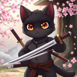 An adorable yet muscular black cat in anime style, embodying the spirit of a samurai