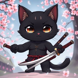 An adorable yet muscular black cat in anime style, embodying the spirit of a samurai