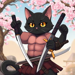 A super muscular yet adorable black cat in anime style, embodying a samurai warrior without a shirt, revealing its impressive muscles