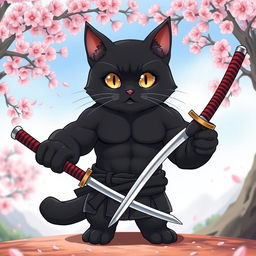 A super muscular yet adorable black cat in anime style, embodying a samurai warrior without a shirt, revealing its impressive muscles