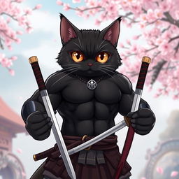 A super muscular yet adorable black cat in anime style, embodying a samurai warrior without a shirt, revealing its impressive muscles