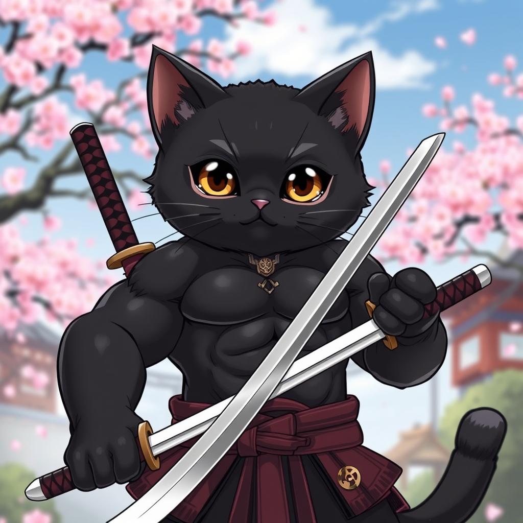 A super muscular yet adorable black cat in anime style, embodying a samurai warrior without a shirt, revealing its impressive muscles