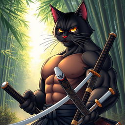 A super muscular black cat in anime style, depicting a samurai warrior