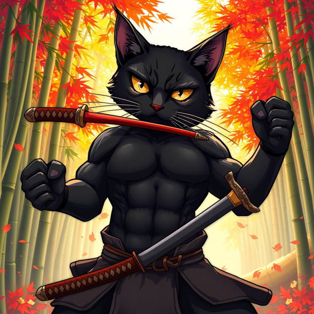 A super muscular black cat in anime style, depicting a samurai warrior