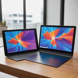 A portable, sleek tablet deploying three pop-up monitors. Each screen displays vibrant, high resolution content.