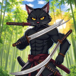 A super muscular black cat in anime style, depicting a samurai warrior