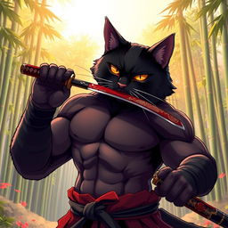 A super muscular black cat in anime style, depicting a samurai warrior