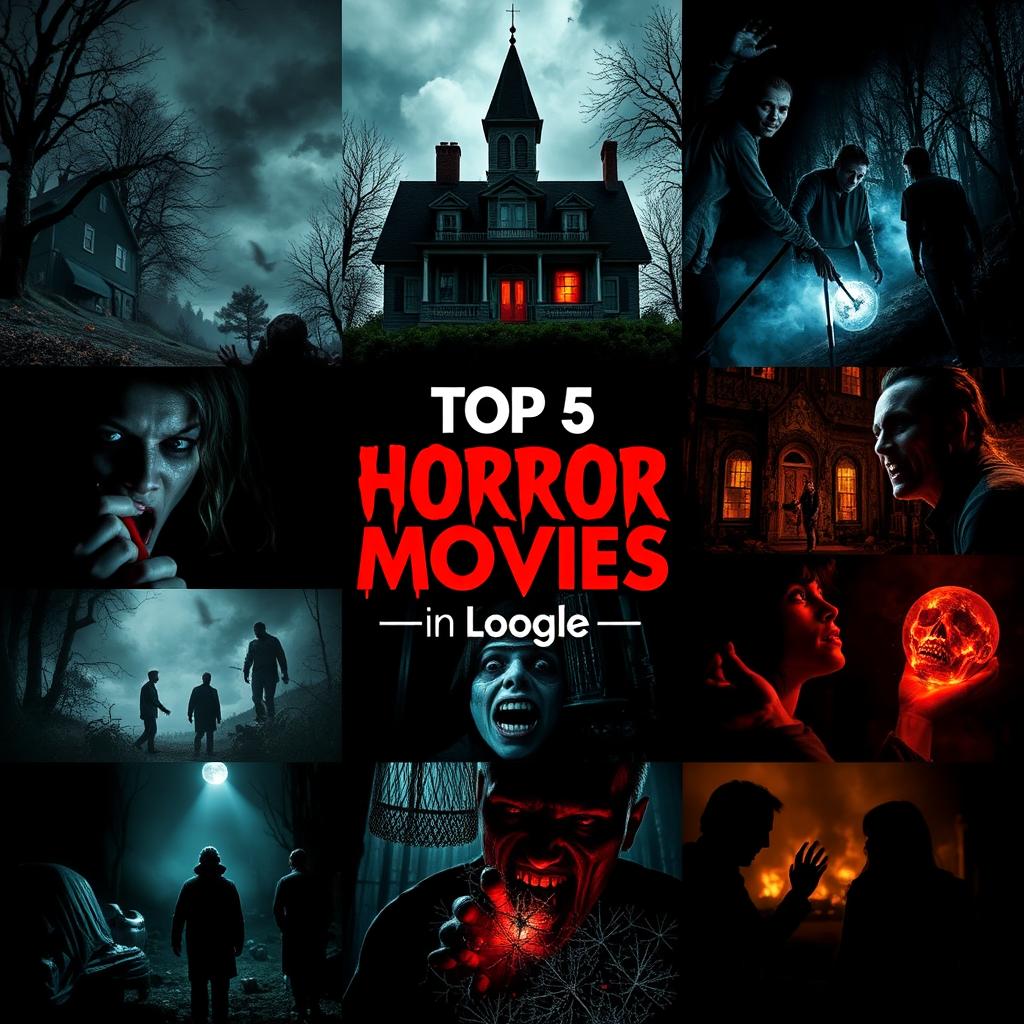 A vibrant collage showcasing scenes from the top five horror movies according to Google, each with their iconic moments vividly captured