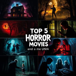 A vibrant collage showcasing scenes from the top five horror movies according to Google, each with their iconic moments vividly captured