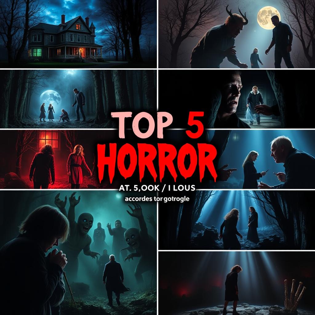 A vibrant collage showcasing scenes from the top five horror movies according to Google, each with their iconic moments vividly captured