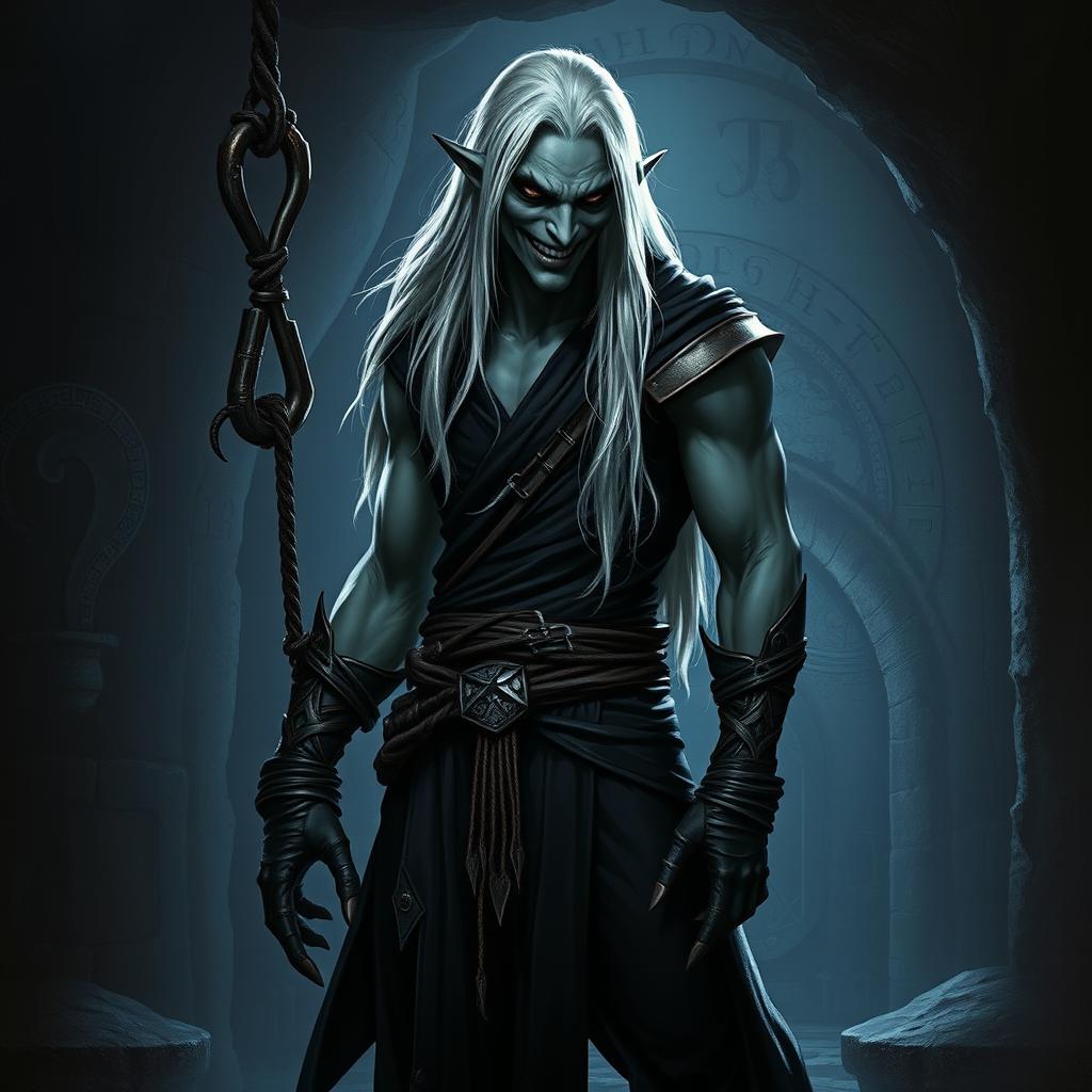 A drow with a sinister smile standing in a full body pose