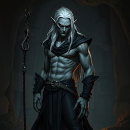 A drow with a sinister smile standing in a full body pose