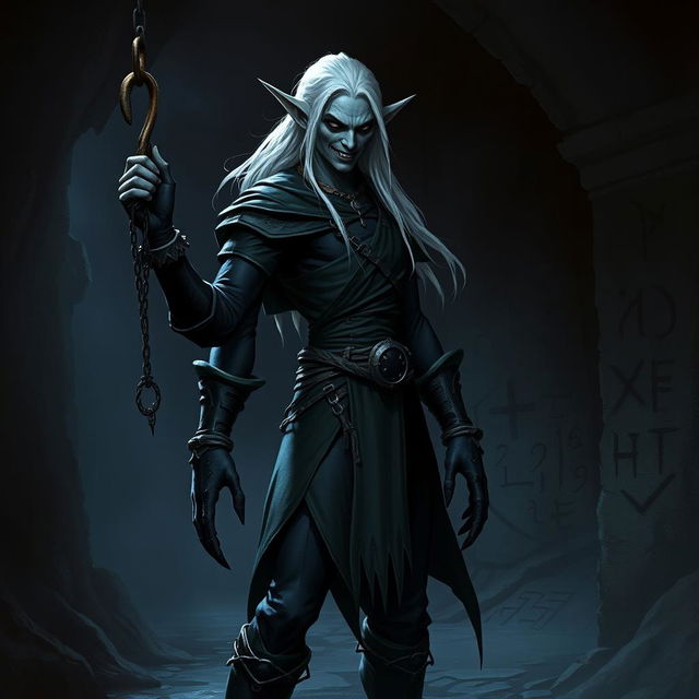 A drow with a sinister smile standing in a full body pose