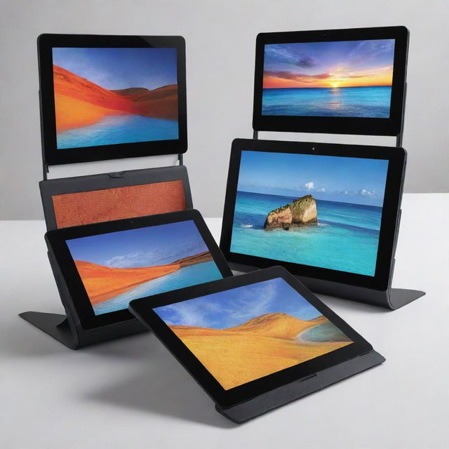 A portable, sleek tablet deploying three pop-up monitors. Each screen displays vibrant, high resolution content.