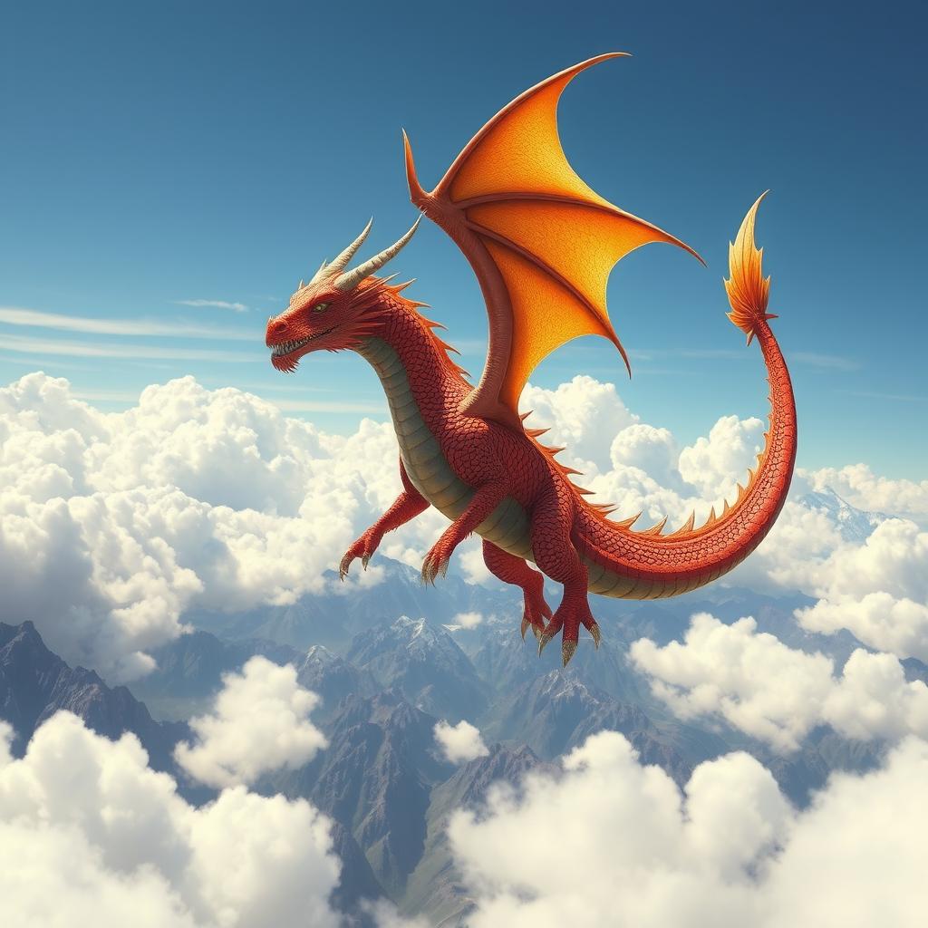 A majestic dragon soaring through the sky, with vibrant scales shimmering under the sunlight, wings spread wide, and fierce eyes gazing towards the horizon