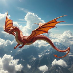 A majestic dragon soaring through the sky, with vibrant scales shimmering under the sunlight, wings spread wide, and fierce eyes gazing towards the horizon