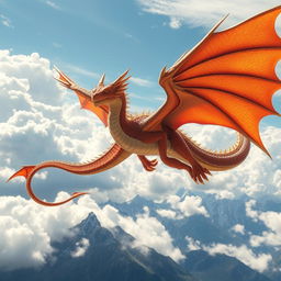 A majestic dragon soaring through the sky, with vibrant scales shimmering under the sunlight, wings spread wide, and fierce eyes gazing towards the horizon