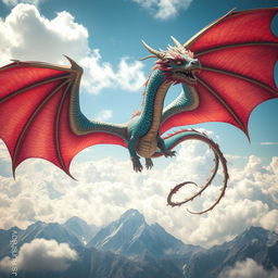 A majestic dragon soaring through the sky, with vibrant scales shimmering under the sunlight, wings spread wide, and fierce eyes gazing towards the horizon