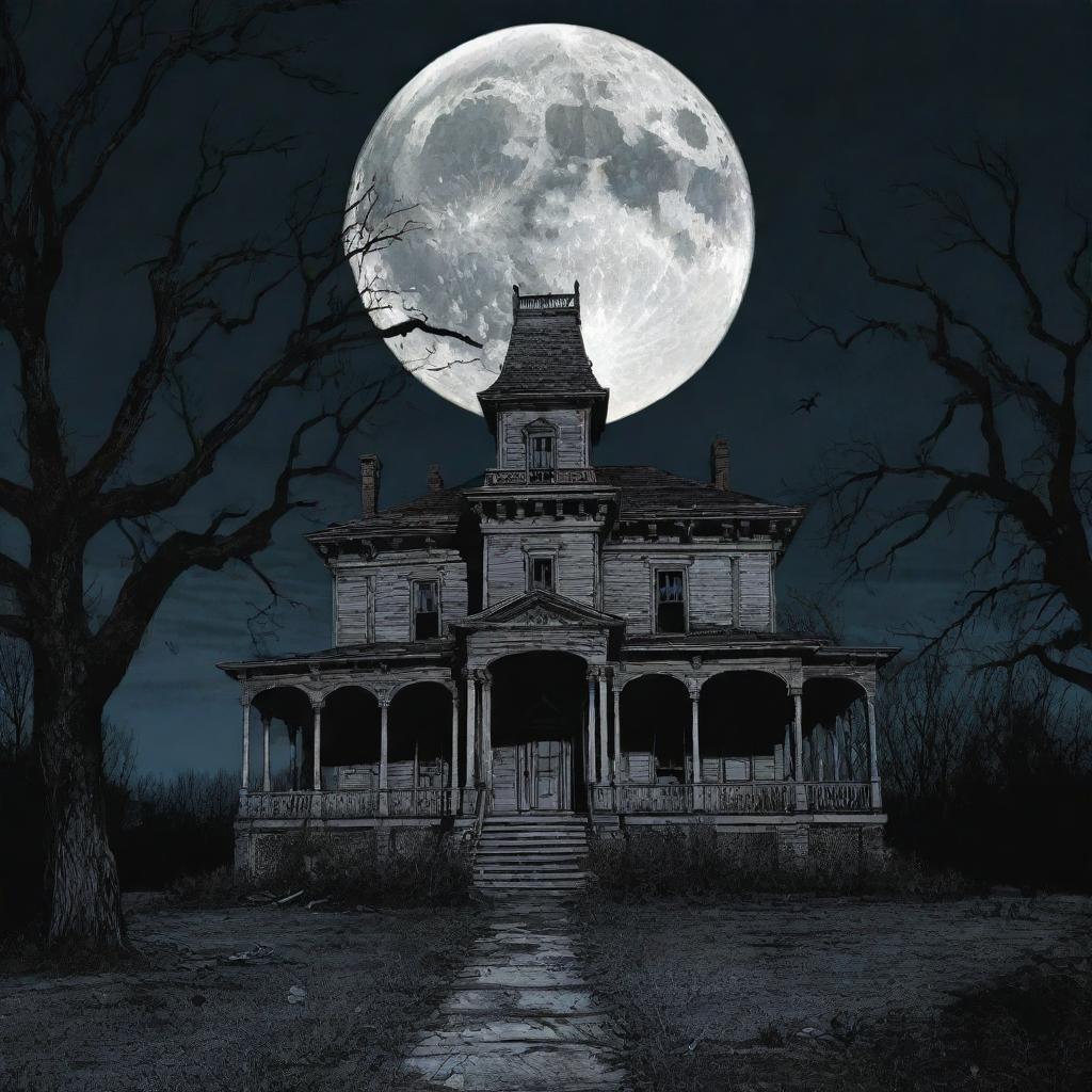 Panel 1: A full color graphic novel style image of an old, dilapidated mansion in darkness surrounded by dead trees that cast eerie shadows. An ominous moon hangs in the sky.