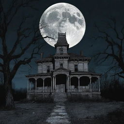 Panel 1: A full color graphic novel style image of an old, dilapidated mansion in darkness surrounded by dead trees that cast eerie shadows. An ominous moon hangs in the sky.