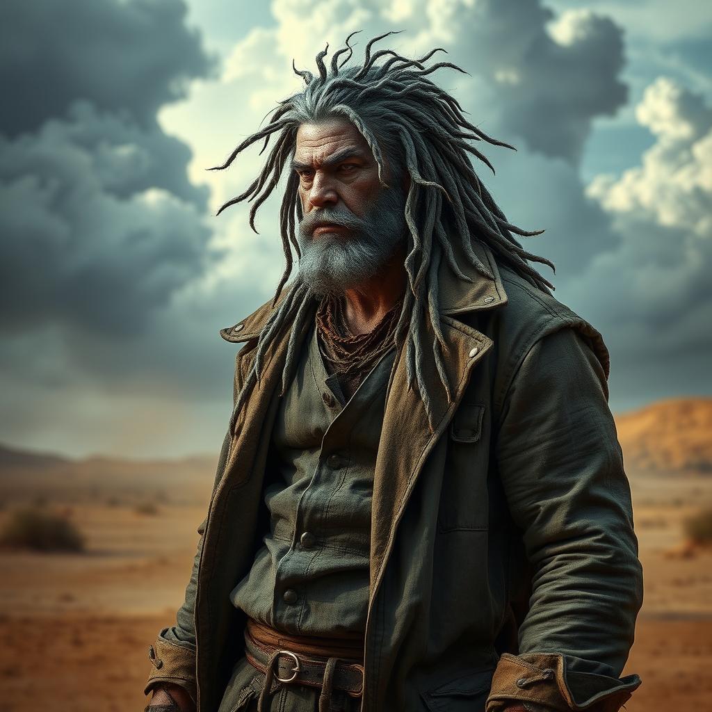 A rugged half-orc with striking grey dreadlocks, dressed in a well-worn, battered old duster coat