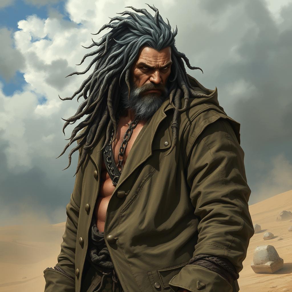 A rugged half-orc with striking grey dreadlocks, dressed in a well-worn, battered old duster coat