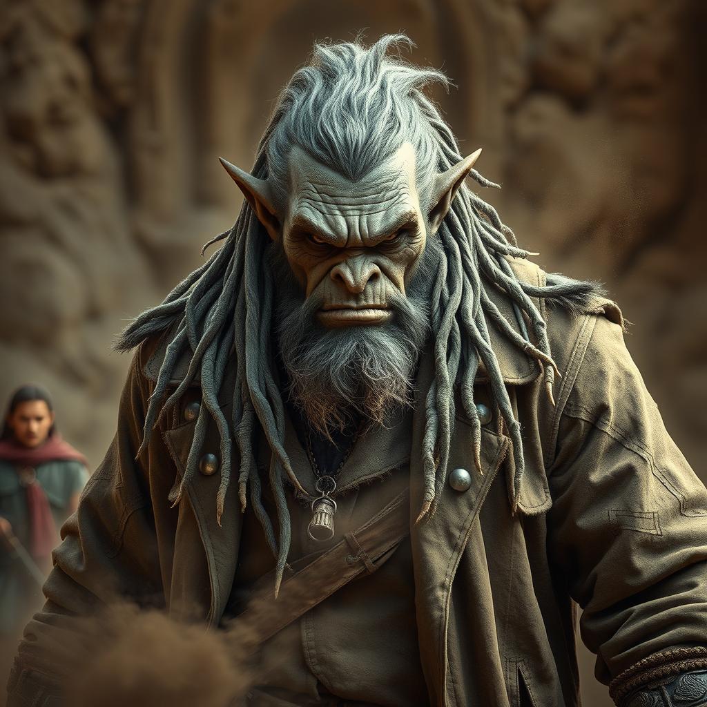 A powerful orc with distinguished grey dreadlocks, donned in a timeworn, battered old duster coat