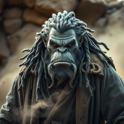 A powerful orc with distinguished grey dreadlocks, donned in a timeworn, battered old duster coat