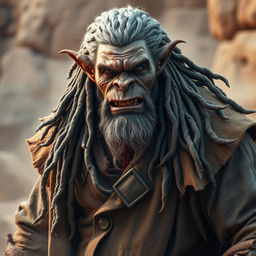 A powerful orc with distinguished grey dreadlocks, donned in a timeworn, battered old duster coat