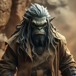 A powerful orc with distinguished grey dreadlocks, donned in a timeworn, battered old duster coat