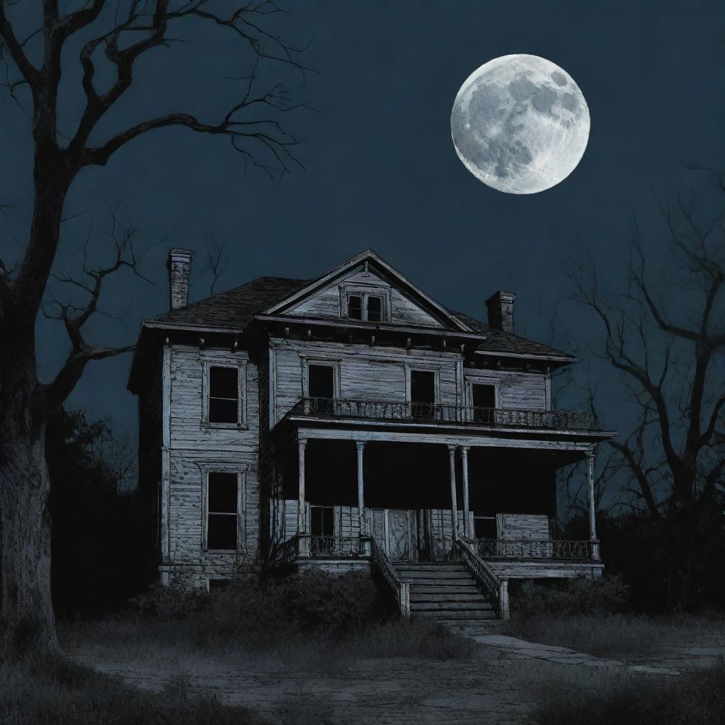 Panel 1: A full color graphic novel style image of an old, dilapidated mansion in darkness surrounded by dead trees that cast eerie shadows. An ominous moon hangs in the sky.