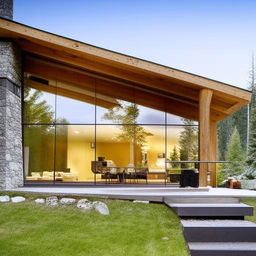 A modern mountain home exterior made from materials like wood and stone, characterized by a dominating glass front. Features a spacious living room with a fireplace, 3 bedrooms, 1.5 bathrooms, and a welcoming wooden deck.