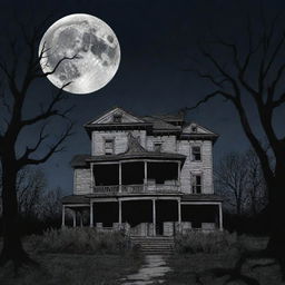 Panel 1: A full color graphic novel style image of an old, dilapidated mansion in darkness surrounded by dead trees that cast eerie shadows. An ominous moon hangs in the sky.