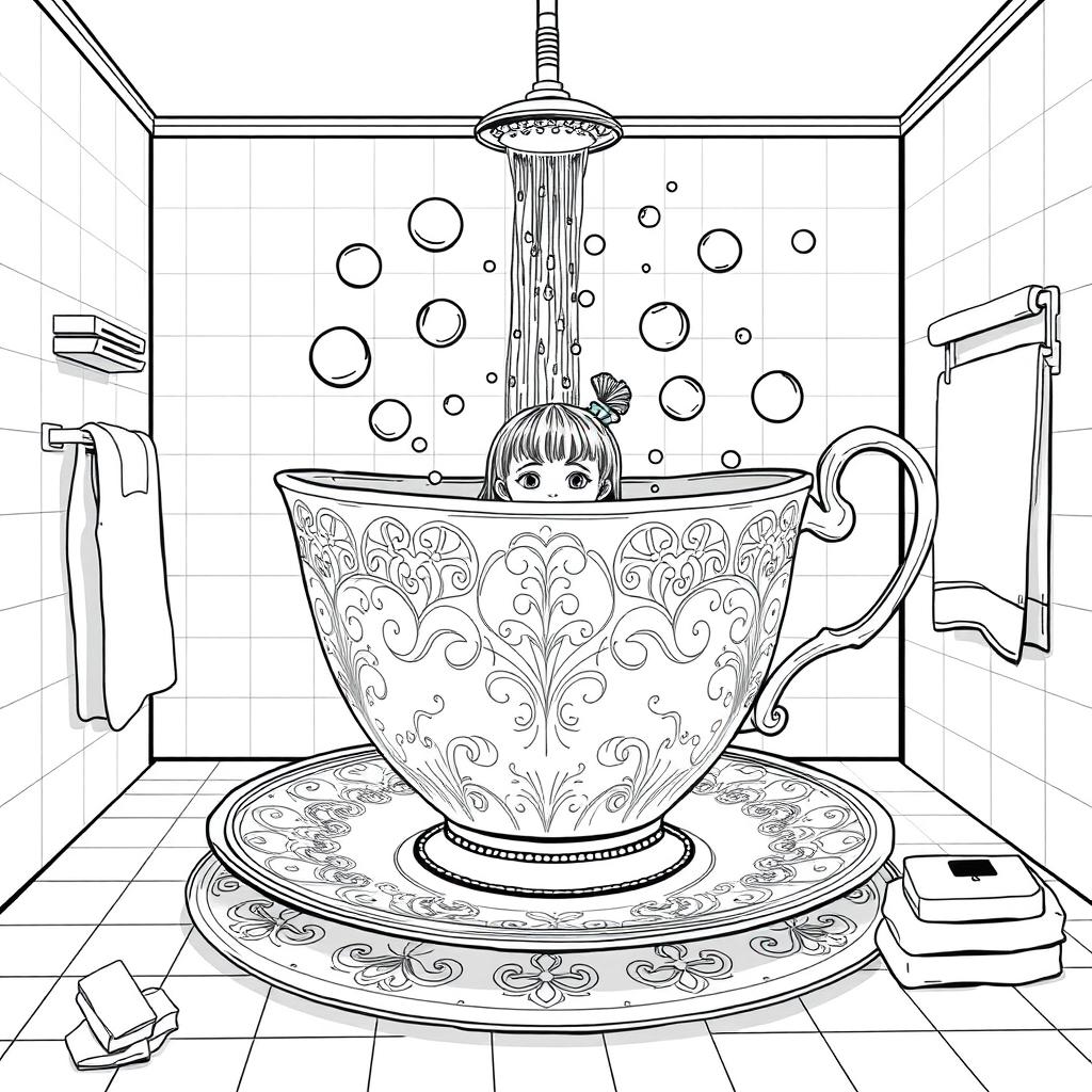 A surreal coloring page featuring a girl taking a bath in a giant teacup, which fills the entire bathroom with its whimsical presence