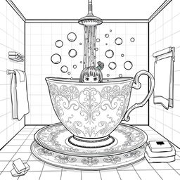 A surreal coloring page featuring a girl taking a bath in a giant teacup, which fills the entire bathroom with its whimsical presence