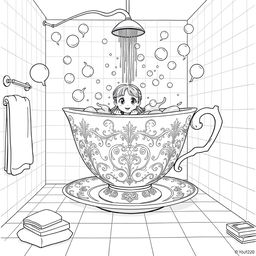 A surreal coloring page featuring a girl taking a bath in a giant teacup, which fills the entire bathroom with its whimsical presence