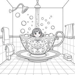 A surreal coloring page featuring a girl taking a bath in a giant teacup, which fills the entire bathroom with its whimsical presence