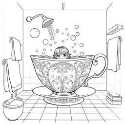 A surreal coloring page featuring a girl taking a bath in a giant teacup, which fills the entire bathroom with its whimsical presence