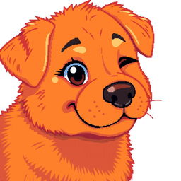 An orange dog with a playful expression winking, depicted in pixel art style, with a retro and vibrant color palette