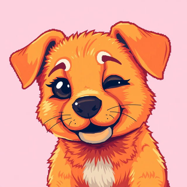 An orange dog with a playful expression winking, depicted in pixel art style, with a retro and vibrant color palette