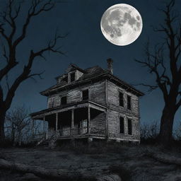 Panel 1: A full color graphic novel style image of an old, dilapidated mansion in darkness surrounded by dead trees that cast eerie shadows. An ominous moon hangs in the sky.