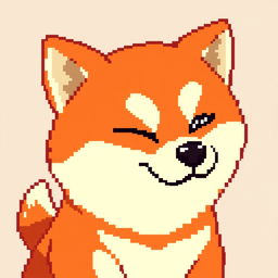 A Shiba Inu with a mischievous expression winking, depicted in pixel art style