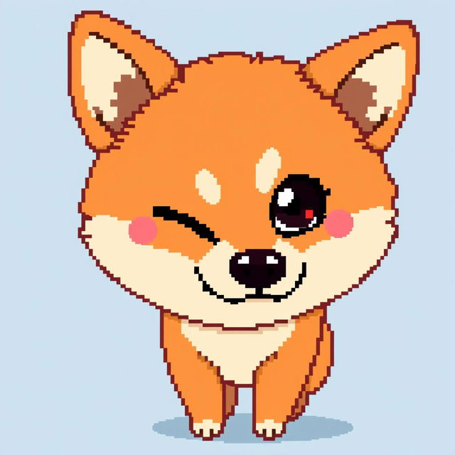 A Shiba Inu with a mischievous expression winking, depicted in pixel art style