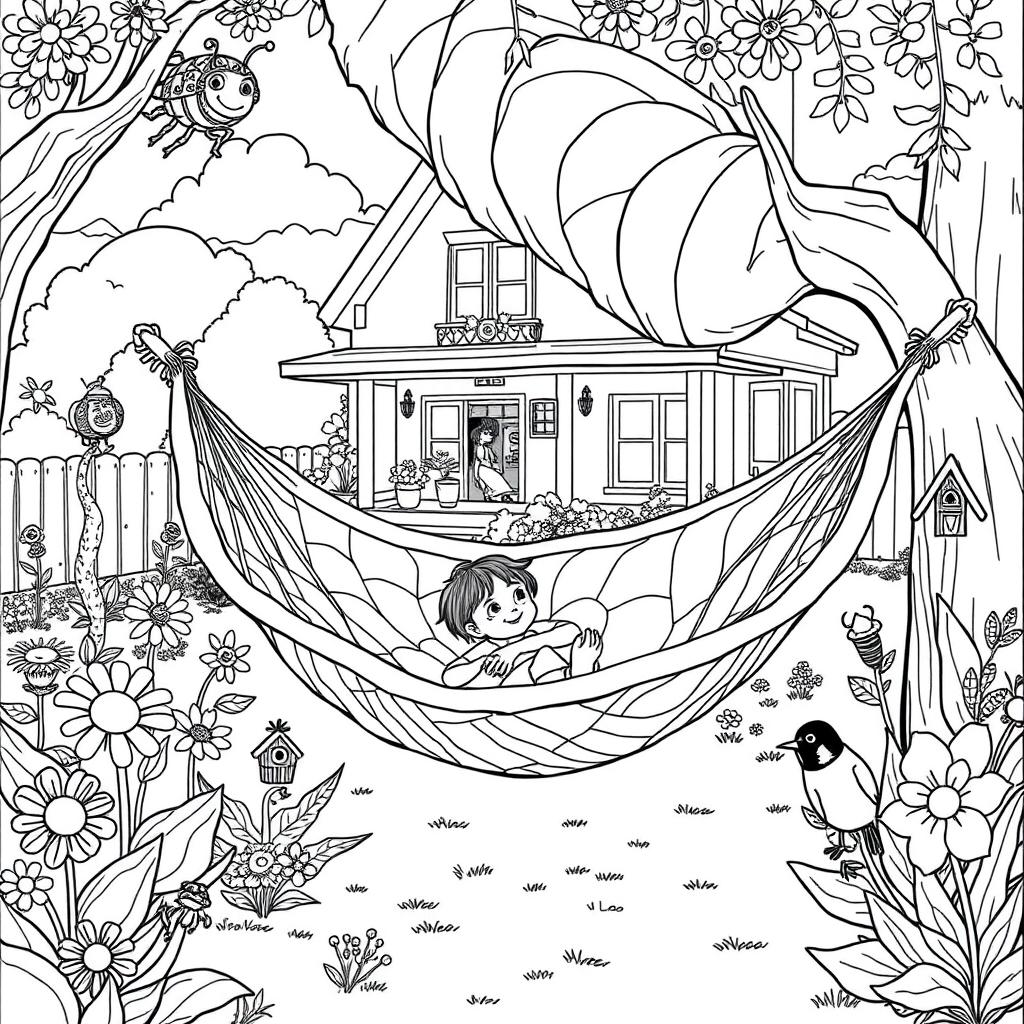 A surreal coloring page depicting a child relaxing in a hammock made from a giant, intricately veined leaf, set in the backyard of their house