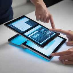 A futuristic, portable tablet featuring a built-in hand scanner and three pop-up monitors displaying high resolution content.