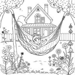 A surreal coloring page depicting a child relaxing in a hammock made from a giant, intricately veined leaf, set in the backyard of their house