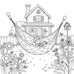 A surreal coloring page depicting a child relaxing in a hammock made from a giant, intricately veined leaf, set in the backyard of their house