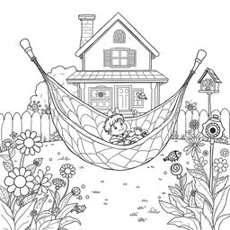 A surreal coloring page depicting a child relaxing in a hammock made from a giant, intricately veined leaf, set in the backyard of their house