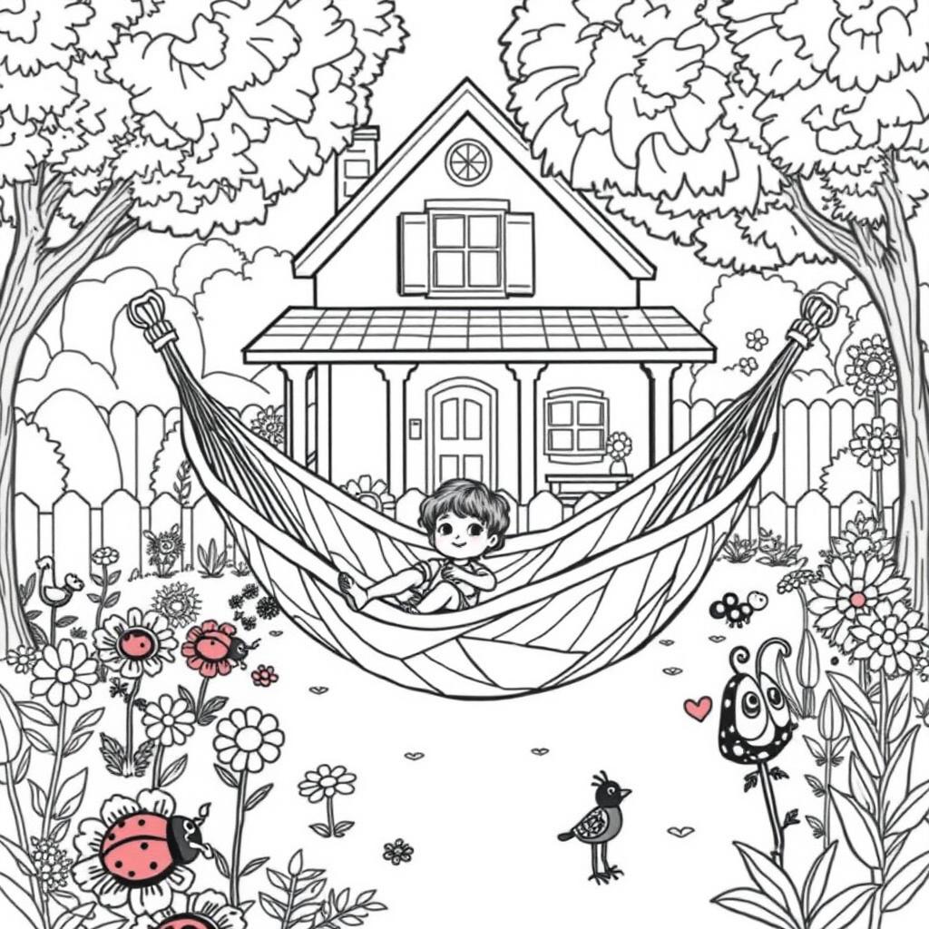 A surreal coloring page depicting a child relaxing in a hammock made from a giant, intricately veined leaf, set in the backyard of their house