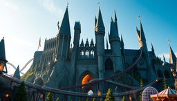 A highly realistic amusement park featuring a grand castle inspired by Hogwarts, with tall, iconic spires and detailed stonework, standing as the central attraction